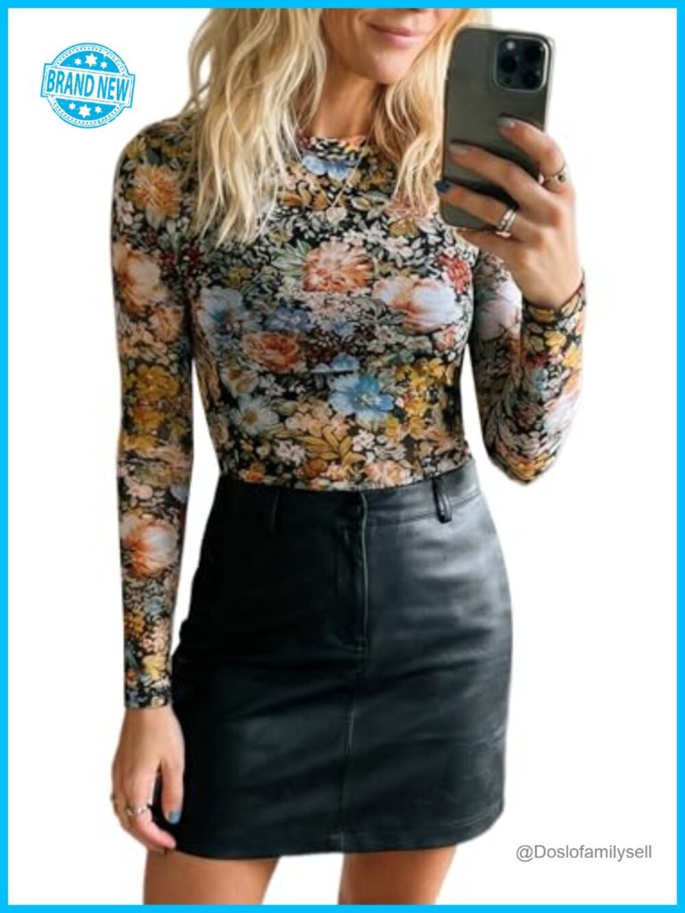 Floral Mesh Top Women Crew Neck Long Sleeve See Through Fitted Going Out Tee